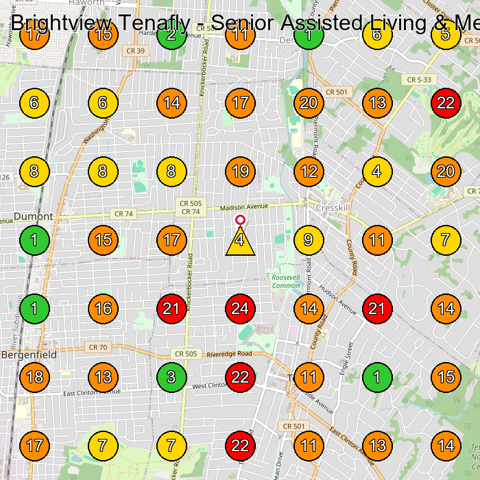 Brightview Tenafly - Senior Assisted Living & Memory Care Assisted Living Facility GeoGrid ranking map for Tenafly NJ
